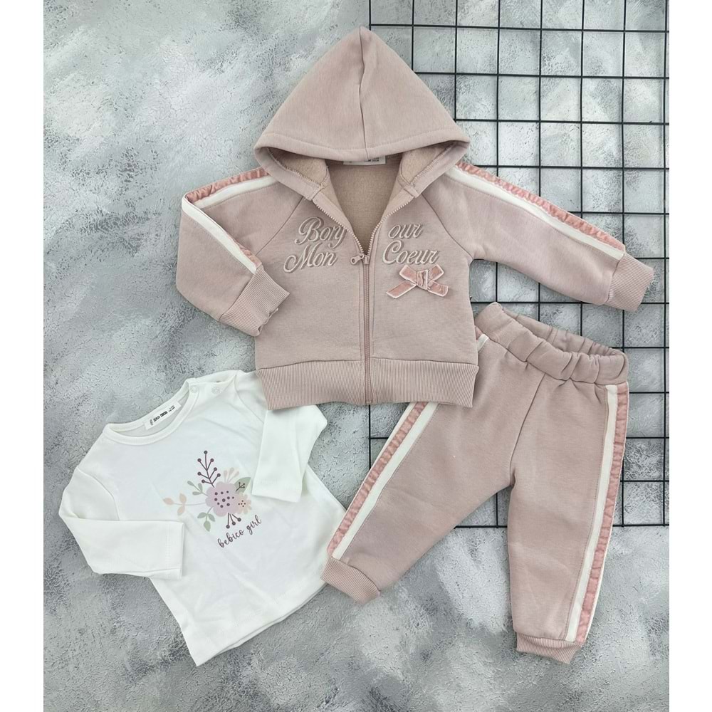 BEBİÇO 5625 ÇİÇEKLİ YAZI NAKIŞLI HIRKALI 3 İP TAKIM - PUDRA - 6-9 AY