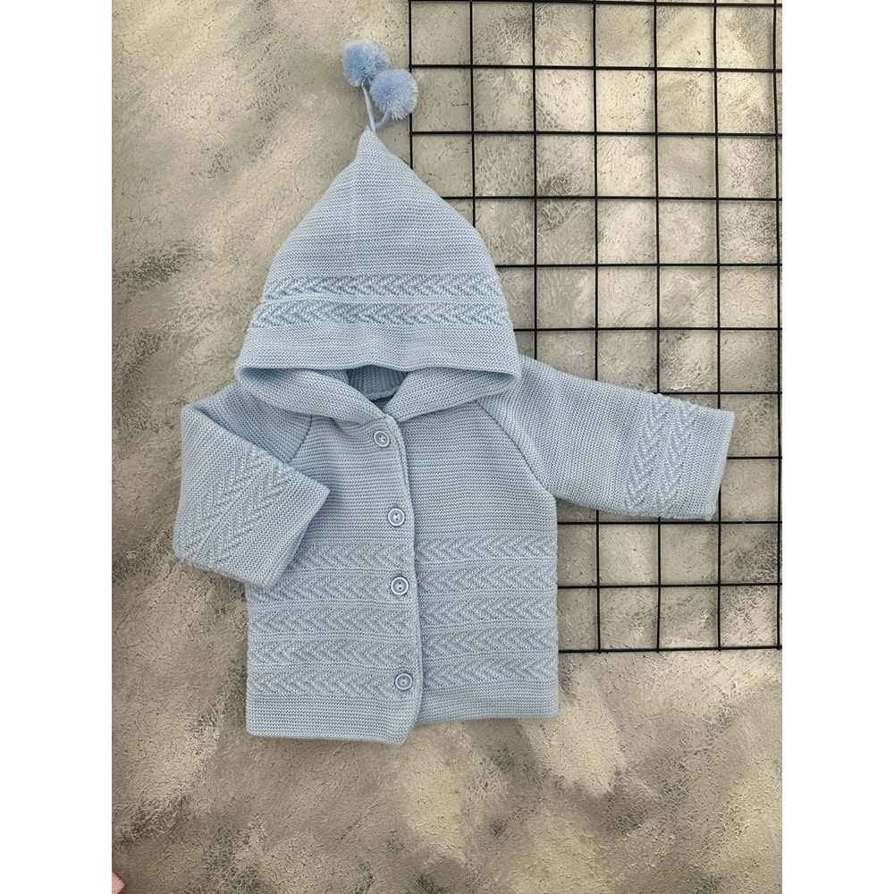 VEYCAN 9132 PONPONLU DÜZ TRİKO HIRKA - MAVİ - 0-6 AY