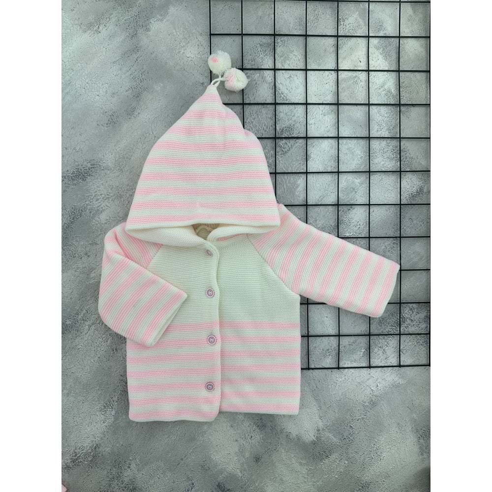 VEYCAN 9133 PONPONLU ÇİZGİLİ TRİKO HIRKA - PEMBE - 0-6 AY