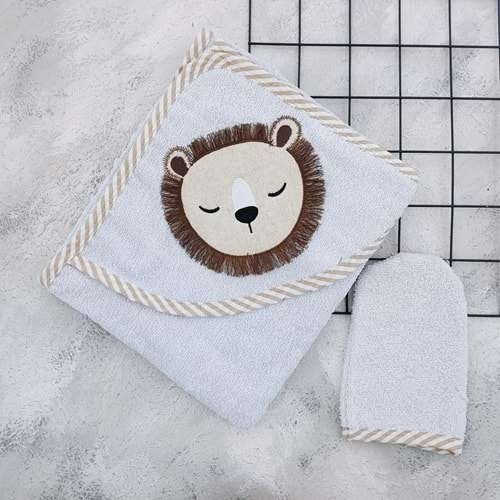 FOR BABY 5037 ASLAN NAKIŞLI ŞAPKALI HAVLU - MAVİ