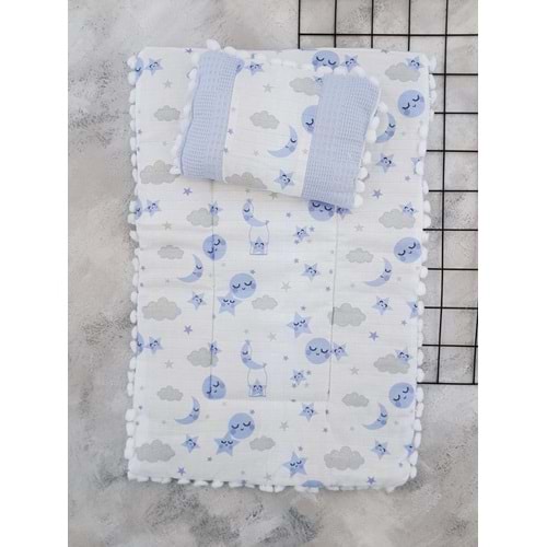 SLEEPY BABY 20245 YILDIZ AY BULUT WAFFLE MÜSLİN ALTAÇMA - MAVİ