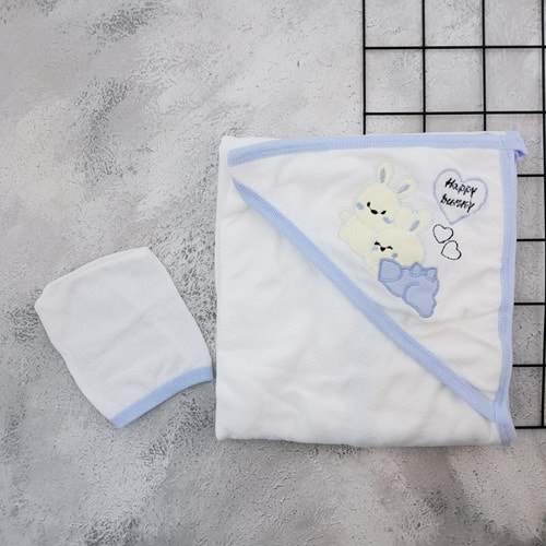 GÜLÜNCE 1024 TAVŞAN NAKIŞLI BEBE HAVLU - MAVİ