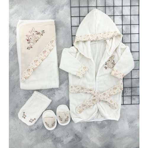 BABY ZUHU ÇİÇEKLİ TAVŞAN BORNOZ SET - BEJ