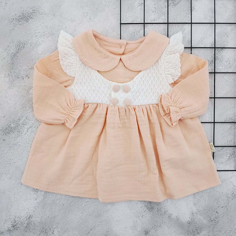 ÇİLEK 3155 BEBE YAKA FIRFIRLI MÜSLİN ELBİSE - SOMON - 18 AY