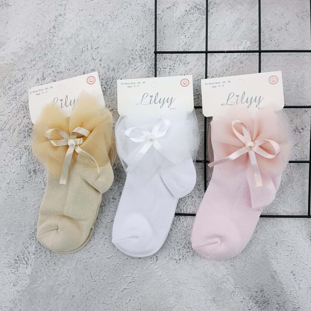 LİLYY 116 İNCİLİ TÜL FİYONK SOKET ÇORAP - BEJ - 7-8 YAŞ