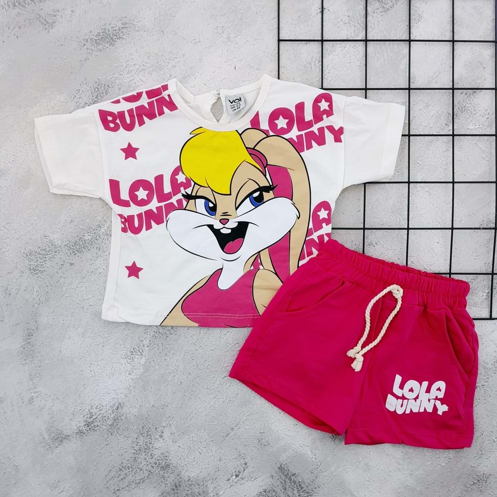 VOIKIDS 53954 LOLO BUNNY BASKILI ŞORT TAKIM - FUŞYA - 6 AY