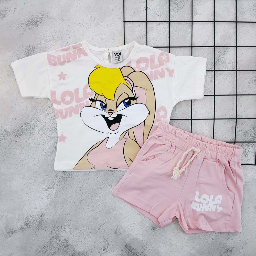 VOIKIDS 53954 LOLO BUNNY BASKILI ŞORT TAKIM - PEMBE - 6 AY
