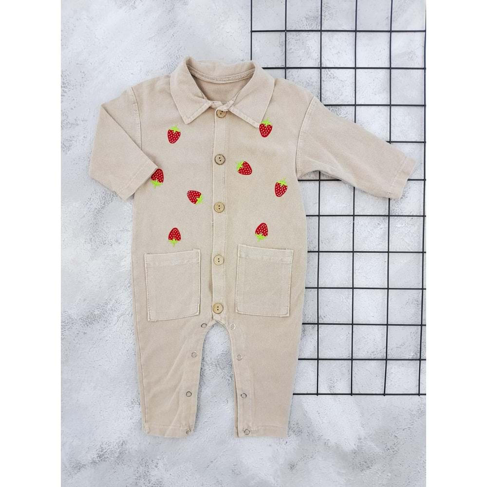 BABY BUU 0256 ÇİLEK NAKIŞLI KOT TULUM - BEJ - 18-24 AY