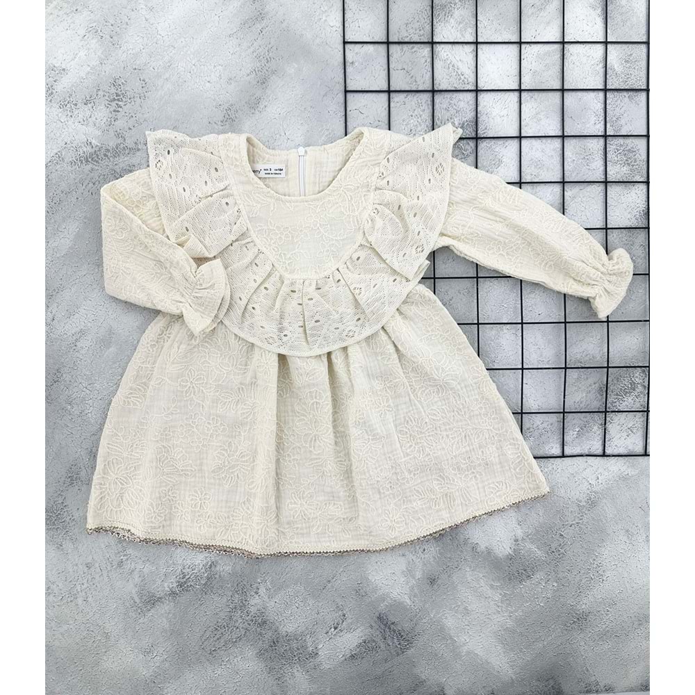 PERRY 6233 DANTEL DESENLİ MÜSLİN ELBİSE - BEJ - 5 YAŞ