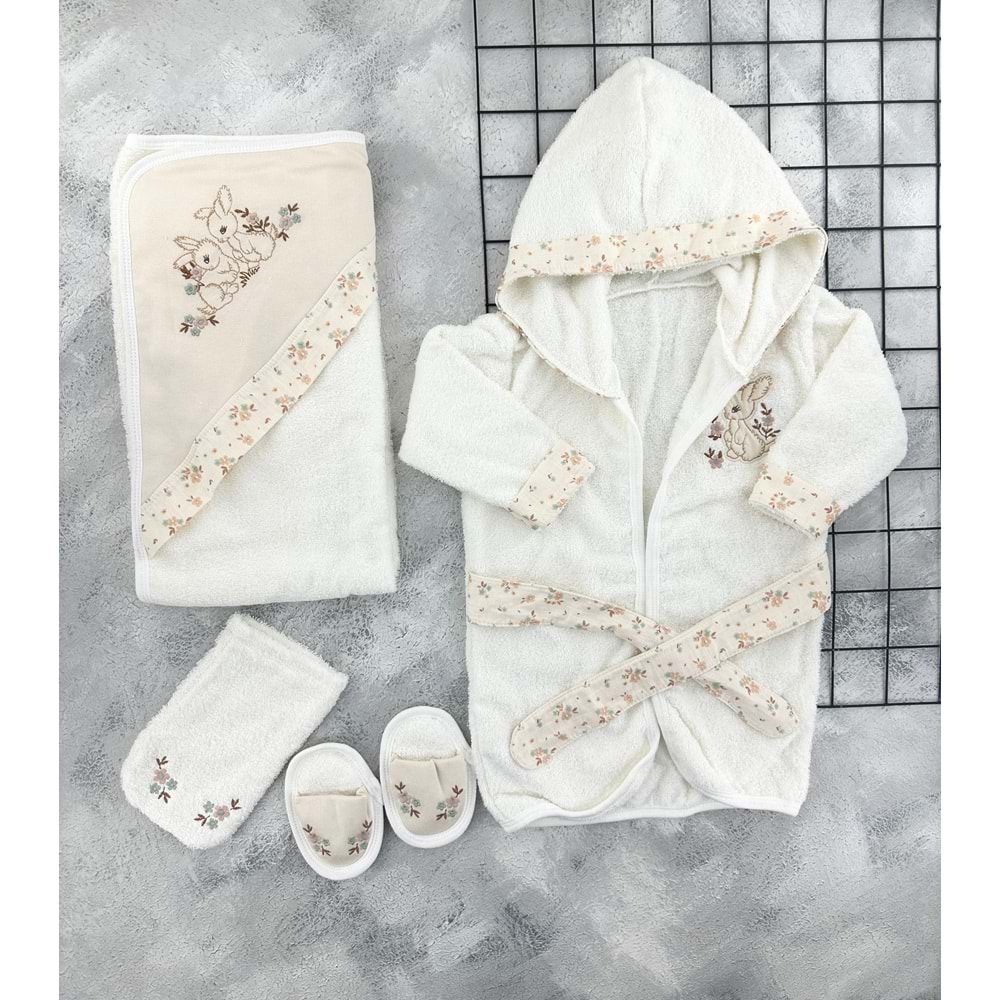 BABY ZUHU ÇİÇEKLİ TAVŞAN BORNOZ SET - BEJ